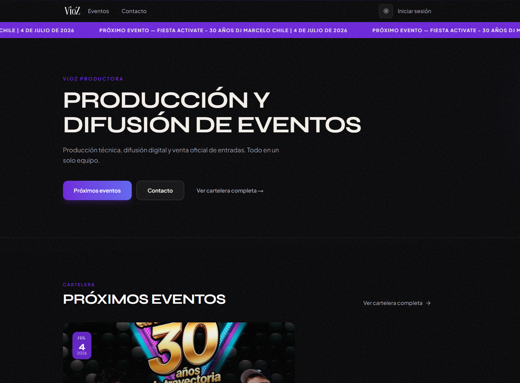 Captura de pantalla de Vioz, ticketera para eventos